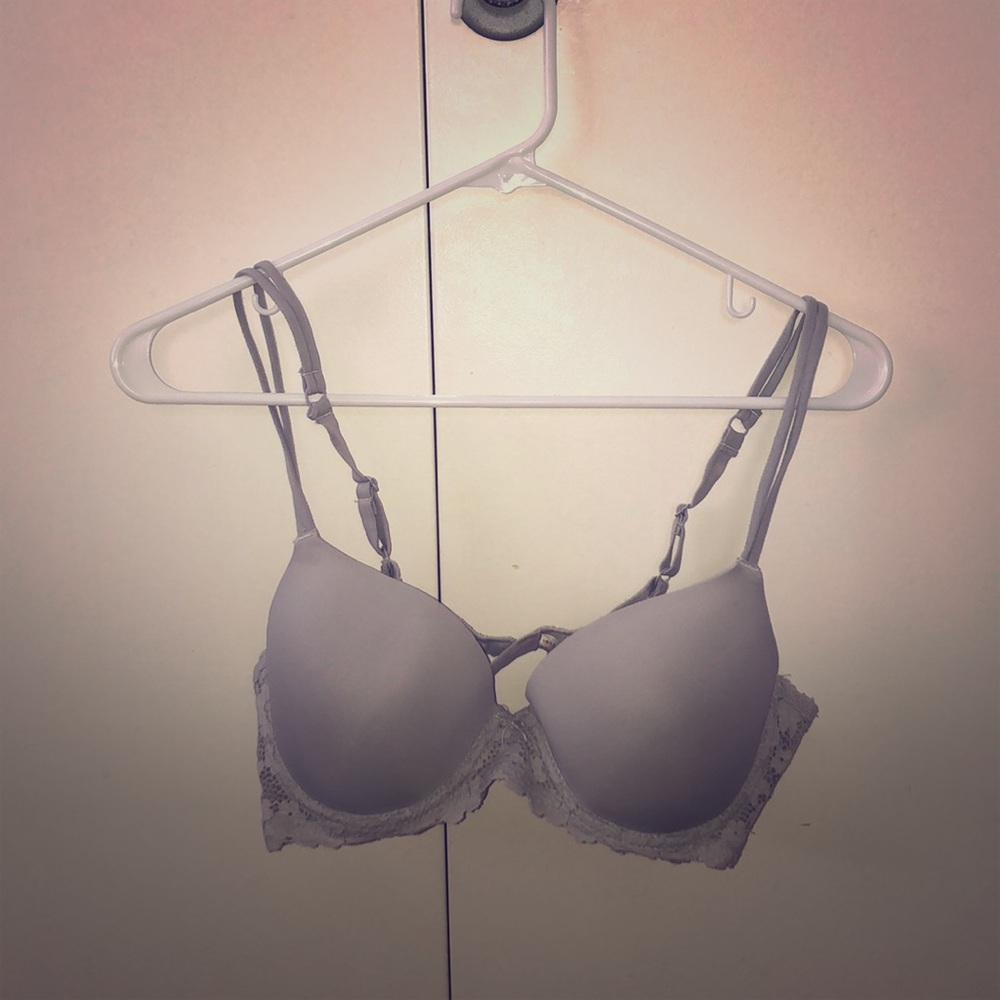 Gray Sky T-Shirt blue lace bra with duo straps!